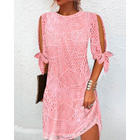 Cold Shoulder Split Sleeve Casual Lace Dress - pink