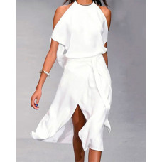 Cold Shoulder Split Thigh Belted Casual Dress - white