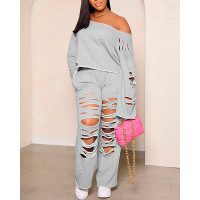 Cold Shoulder Sweatshirt & Ladder Cutout Pants Set - light gray