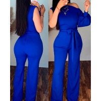 Cold Shoulder Tied Detail Jumpsuit - blue