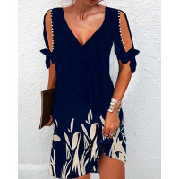 Cold Shoulder Tied Detail Plants Print Dress - purplish blue