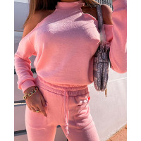 Cold Shoulder Top & Drawstring Pocket Design Pants Set - pink