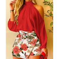 Cold Shoulder Top & Floral Print Tied Detail Skorts Set - red