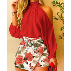 Cold Shoulder Top & Floral Print Tied Detail Skorts Set - red