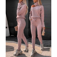 Cold Shoulder Turtleneck Knit Top & Drawstring Pants Set - style1