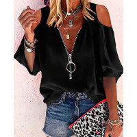 Cold Shoulder Zip Front Top - black