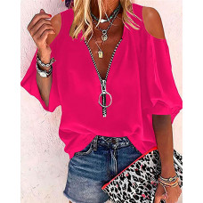 Cold Shoulder Zip Front Top - hot pink