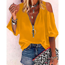 Cold Shoulder Zip Front Top - yellow