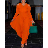 Cold Shoulder Zip Front Wide Leg Jumpsuit - orange