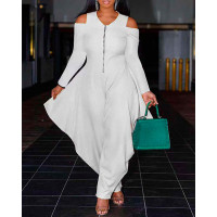 Cold Shoulder Zip Front Wide Leg Jumpsuit - white