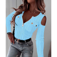 Cold Shoulder Zipper Design Buttoned Textured Top - blue