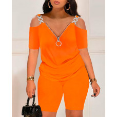 Cold Shoulder Zipper Design Top & Shorts Set - orange