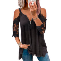 Cold Sleeve Zipper Front Lace Trim Top - black