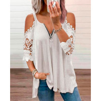 Cold Sleeve Zipper Front Lace Trim Top - white