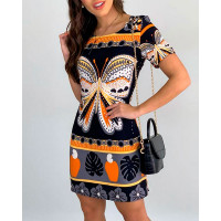 Color Block Butterfly Print Short Sleeve Mini Dress - Multicolor