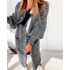 Color Block Chunky Knit Lantern Sleeve Longline Cardigan - Dark grey