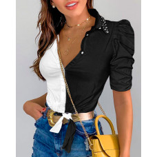 Color Block Puff Sleeve Shirt - black