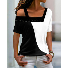 Colorblock Asymmetrical Cold Shoulder Top - blackwhite