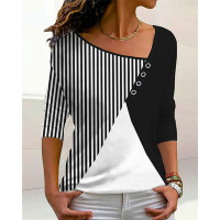 Colorblock Asymmetrical Neck Long Sleeve Top - blackwhite