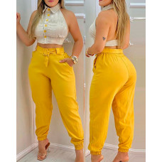 Colorblock Backless Crop Top & Plain Pants Set - yellow