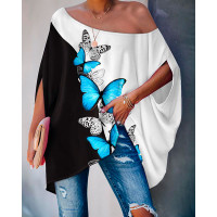 Colorblock Butterfly Print Batwing Sleeve Top - blackwhite