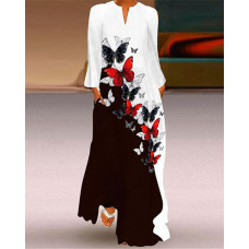 Colorblock Butterfly Print Long Sleeve Maxi Dress - white