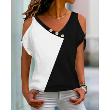 Colorblock Button Decor Cold Shoulder Top - blackwhite