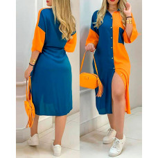 Colorblock Button Design Shirt Dress - blue