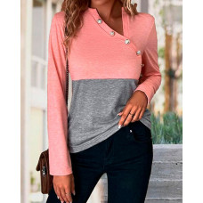 Colorblock Button Detail Long Sleeve Top - pink