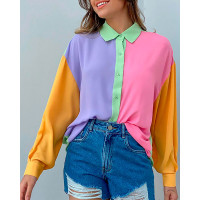 Colorblock Button Front Long Sleeve Shirt - Multicolor