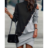 Colorblock Buttoned Long Sleeve Wrap Casual Dress - black