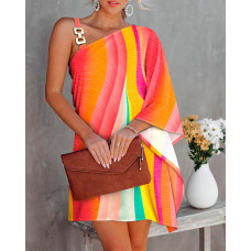 Colorblock Chain Strap Asymmetrical Neck Casual Dress - Multicolor