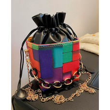 Colorblock Chain Strap Drawstring Bucket Bag - black