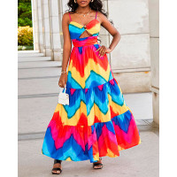 Colorblock Chevron Print O-Ring Cutout Cami Maxi Dress - Multicolor