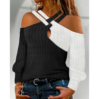 Colorblock Cold Shoulder Cable Textured Top - blackwhite