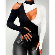 Colorblock Cold Shoulder Cutout Long Sleeve Top - blackwhite