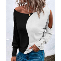 Colorblock Cold Shoulder Long Sleeve Top - blackwhite