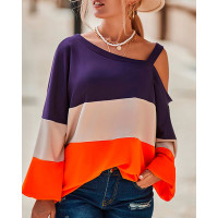 Colorblock Cold Shoulder Long Sleeve Top - Multicolor