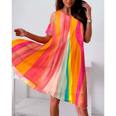 Colorblock Cold Shoulder Pleated Swing Dress - Multicolor