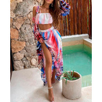 Colorblock Cold Shoulder Top & Maxi Skirt Set - Multicolor