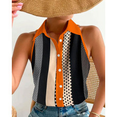 Colorblock Contrast Binding Button Front Top - orange