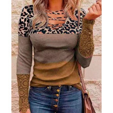 Colorblock Contrast Lace Long Sleeve Ribbed Top - khaki