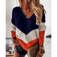 Colorblock Contrast Lace Long Sleeve Top - Multicolor