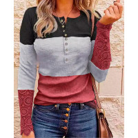 Colorblock Contrast Lace Long Sleeve Top - red