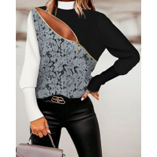 Colorblock Contrast Lace Zip Front Long Sleeve Top - blackwhite