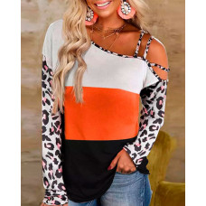 Colorblock Contrast Leopard Cold Shoulder Top - Multicolor