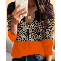 Colorblock Contrast Leopard Zip Front Long Sleeve Top - Multicolor