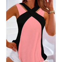 Colorblock Crisscross Casual Tank Top - pink