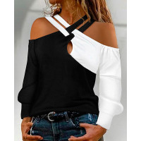 Colorblock Crisscross Cold Shoulder Top - blackwhite