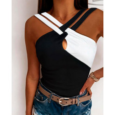 Colorblock Crisscross Halter Tank Top - blackwhite